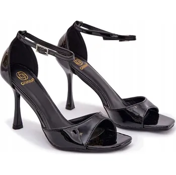 Dámské sandále DÁMSKÉ LAKOVANÉ SANDÁLY NA JEHLOVÉM PODPATKU ELEGANTNÍ ČERNÉ Z EKOKŮŽE VEL. 37