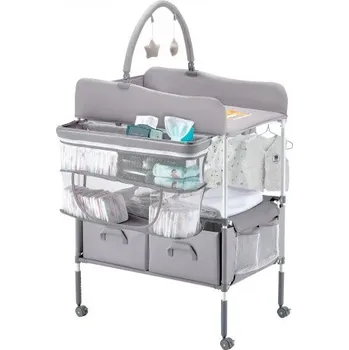 přebalovací pult a komoda Přebalovací pult VEVOR pro děti, skládací přebalovací stanice se 2 zásuvkami na látky, boční koš a závěsná tyč, přenosný přebalovací pult s nastavitelnou výškou, uzamykatelnými kolečky a 2 hračkami ve tvaru hvězdy, světle šedý