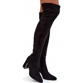 Dámské kozačky Dámské kozačky nad koleno z eko semiše, vysoký podpatek, černá barva, velikost 37
