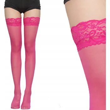 Dámské punčochy Růžové neonové PUNČOCHY SAMODRŽÍCÍ s krajkou SEXY PLUS SIZE 15Den 5/6