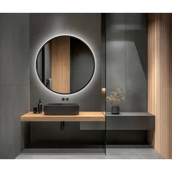 Zrcadlo Kulaté Zrcadlo o průměru 80 cm v černém hliníkovém rámu s LED podsvícením