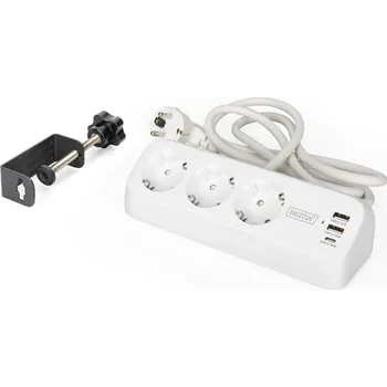 Prodlužovací kabel DIGITUS 3cestný kancelářský prodlužovací kabel s 2x USB-A a 1x USB-C porty, bílý DA-70626