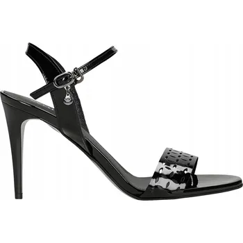Dámské sandále Černé lakované sandály na podpatku s ažurovým páskem, velikost vel.