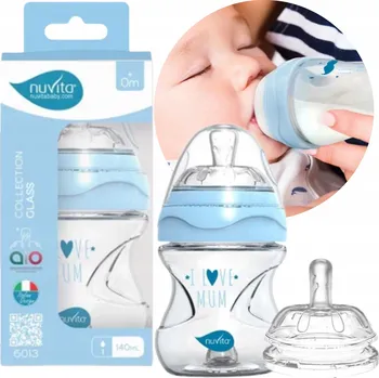 Kojenecká láhev Nuvita, Skleněná kojenecká láhev antikoliková modrá, 140 ml