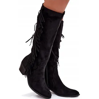 Dámské kozačky KOZAČKY KOVBOJSKÉ BOTY DÁMSKÉ EKO SEMIŠOVÉ NÍZKÝ PODPATEK TŘÁSNĚ ČERNÉ 36