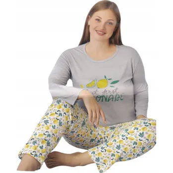 Dámské noční prádlo Dámské bavlněné pyžamo šedé s citrony limonáda dlouhý rukáv a kalhoty XXL
