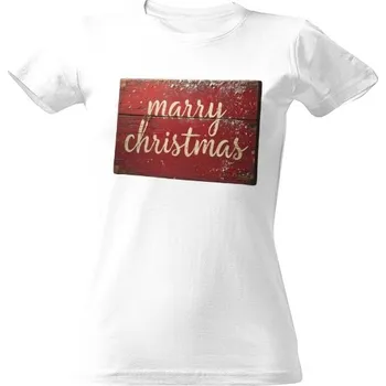 Dámské tričko Tričko s potiskem Marry Christmas dřevěná cedule dámské