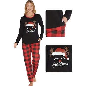 Dámské noční prádlo Dámské vánoční pyžamo Santa Claus dlouhé kalhoty rukáv kostkované černé XL