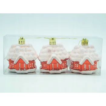 Vánoční dekorace VÁNOČNÍ BAŇKY BUBBLE VÁNOČNÍ OZDOBY NA STROMEČEK ČERVENÉ DOMKY SADA 3KS