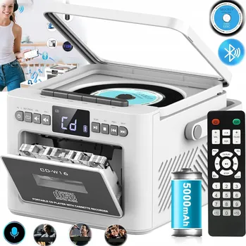 CD přehrávač Přenosný CD přehrávač Bluetooth s Hi-Fi reproduktory, FM rádio, bílý