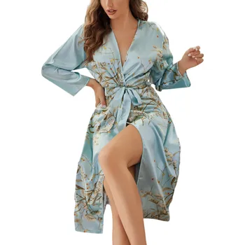 Dámský župan Dámský župan s květinovým vzorem Lehký elegantní župan se zavazováním v pase na tkaničku Jemný polyester pro domácí pohodlí relaxaci a každodenní nošení modrá M