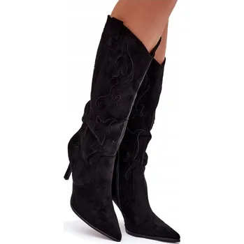 Dámské kozačky DÁMSKÉ KOZAČKY KOVBOJSKÉ BOTY NA JEHLOVÉM PODPATKU EKO SEMIŠOVÉ ZIP ČERNÉ 38