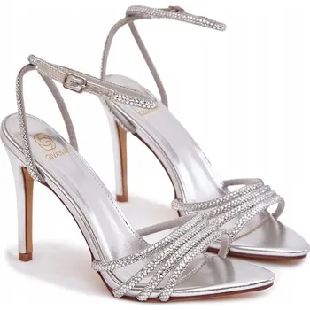 Dámské sandále Dámské sandály na jehlovém podpatku s pásky a krystalky, stříbrné, velikost 38
