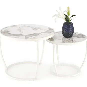 Konferenční stolek Halmar INES sada 2 kulatých konferenčních stolků do obývacího pokoje béžový mramor / bílá