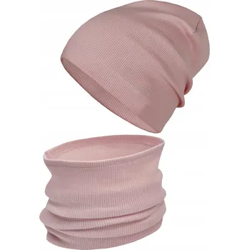 Čepice Růžový světle pudrový Set ČEPICE + NÁKRČNÍK podzim jaro ŽEBROVANÝ 48-56