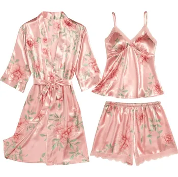 Dámské noční prádlo SEXY KOMPLET DÁMSKÉ PYŽAMO 3v1 SATÉNOVÝ ŽUPAN TRIČKO NOČNÍ KALHOTKY