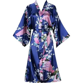 Dámský župan Dámský župan s květinovým motivem Elegantní lehký župan z imitace hedvábí Zavazování v pase na tkaničku Jemný polyester a hedvábný efekt pro domácí pohodlí tmavě modrá XXL