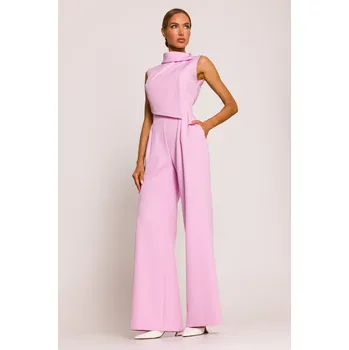 Dámský overall DÁMSKÝ ELEGANTNÍ OVERAL BEZ RUKÁVŮ ZÚŽUJÍCÍ POSTAVU RŮŽOVÝ 36 S