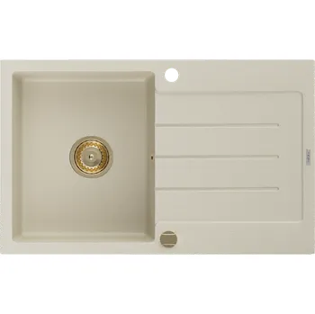 Granitový dřez Mexen Bruno, granitový dřez 795x495x200 mm, 1-komorový, béžová se zlatým sifonem, 6513791010-69-G