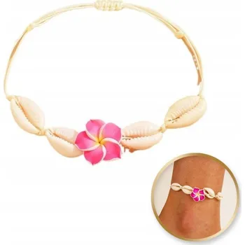 Náramek Náramek na kotník s mušličkami a růžovou havajskou květinou – Boho léto
