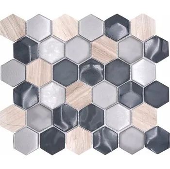 SKLENĚNÁ MOZAIKA, SKLENĚNÁ DLAŽDICE HEXAGON MIX ŠEDÁ