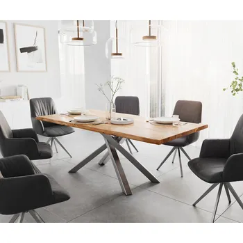 Jídelní stůl DELIFE Jídelní stůl Edge 200x100 akácie přírodní křížová podnož hranatý nerezová ocel Live-Edge