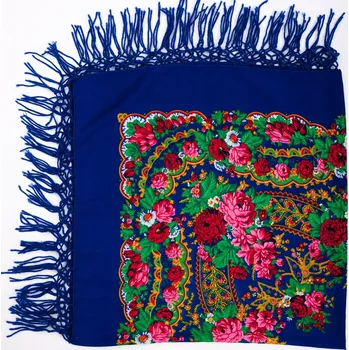 Šátek Dámský šátek Folkstar modrý s květy z Łowicze, velký, 100% bavlna