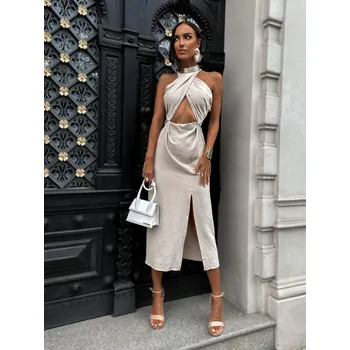 Dámské šaty Béžové elegantní šaty KOMPARZE na zavazování Velikost: ONESIZE