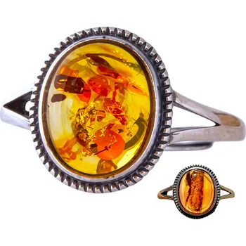 Prsten Stříbrný PRSTÝNEK S JANTAREM, pryskyřice nastavitelná, stříbro 925 vintage