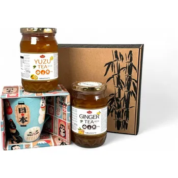 Dárkový potravinový koš sambalshop Dárkový set | Výběr korejských ovocných čajů s Hrnkem Kawaii