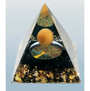 Orgonitová pyramida obsidiánová se stromem života a kuličkou z tygřího oka