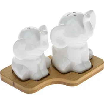 Kořenka Porcelánová slánka a pepřenka s podtáckem Sloni, bílá