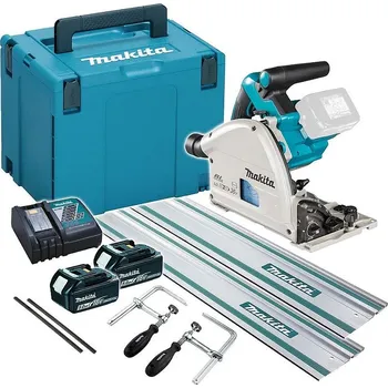 Makita DSP600ZJ aku ponorná pila 165mm Li-ion LXT 2x18V + 2x vodící lišta 1500mm + spojka + sada svorek + 2x aku baterie 18V/5,0Ah + rychlonabíječka DR18RC