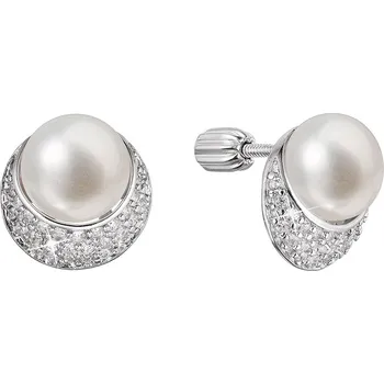 Náušnice Stříbrné náušnice pecky půlměsíc s říční perlou a zirkony bílé 21099.1B rhodiované stříbro, říční perla, zirkony