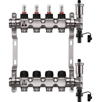 rozdělovač topení Wigell Podlahový rozdělovač WIGELL, 4 okruhy, nerez + automatické odvzdušňování