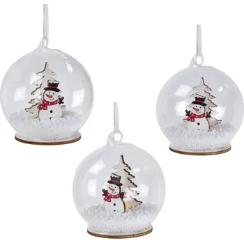 Vánoce Průhledná baňka se sněhulálkem a s LED osvětlením Ø8 cm, set 3 ks
