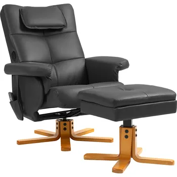 Křeslo HOMCOM Relaxační křeslo s funkcí polohování Masážní křeslo s taburetem a úložným prostorem Televizní křeslo s boční kapsou imitace kůže 78 x 86 x 93 cm Černá barva