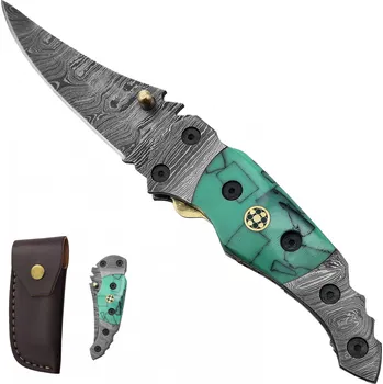 kapesní nůž PAK Zavírací damaškový nůž "JADE REAVER" s koženým pouzdrem