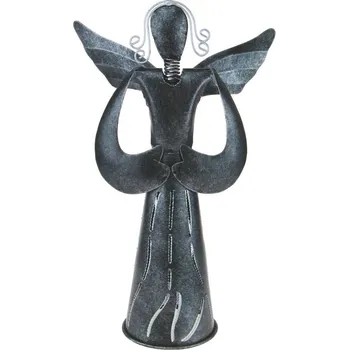 Svícen Kovový anděl s děrovanými šaty stříbrný 29,5 cm (Plechová socha anděla na svíčku)