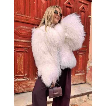 Dámský kožich Krémově bílý 65cm kožich z ovčí kůže MONGOL s límcem MONGSHEEP
