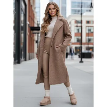 Dámský kabát Dlouhý dámský baránkový kabát béžový Dstreet Barva: hnědá, Velikost: L