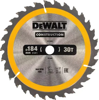Pilový kotouč Pilový kotouč DeWALT CONSTRUCTION 184x16 mm 30 zubů, ATB 10°, šířka kotouče 1,7 mm, univerzáln