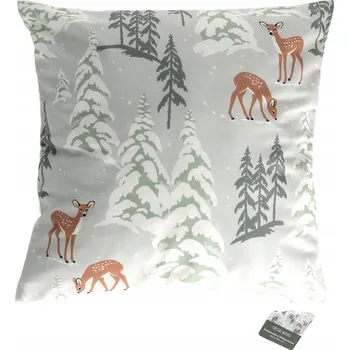 Povlak na dekorativní polštářek Šedý povlak na polštář s motivem srnek a vánočních stromků / Zimní dekorativní povlak na polštář