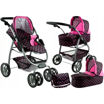 Kočárek pro panenku Kočárek pro panenky 2v1 Alice Hluboký Sportovní kočárek Gondola černý puntíky růžový