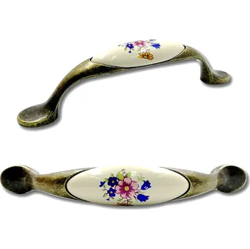 Nábytkové kování OLGA 96mm úchytka STARÁ MOSAZ/ RŮŽE keramika