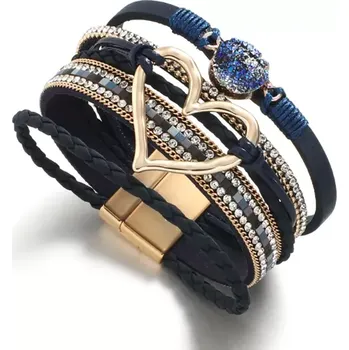 Náramek Fashion Jewelry Dámský náramek kožený vícevrstvý Srdce s kamenem modrý