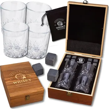 Sklenice 4x sklenice na whisky v Dřevěné KAZETĚ + 8x Bazaltové KAMENY