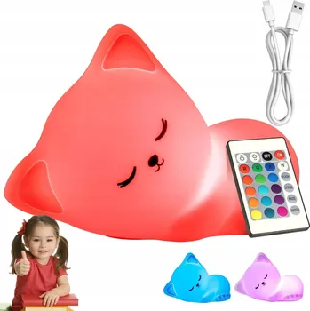 Lampička NOČNÍ LAMPA PRO DĚTI SILIKONOVÁ STOLNÍ LAMPA KOČKA RGB LED ČASOVAČ PILOT