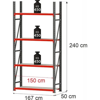 Dílenský regál Regalydoskladu Kovový skladový regál se 4 policemi FORTIS 240x167x50 cm, základní modul