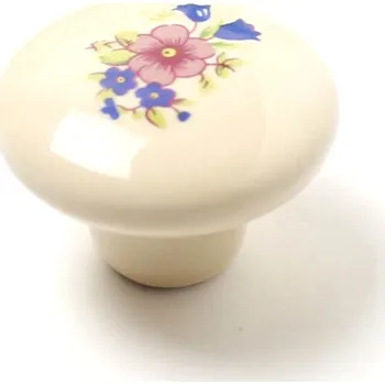Nábytkové kování 11096 - knopka průměr 38mm - porcelánový kytka (Bílá porcelánová knopka o průměru 38mm s květinovým motivem. Velký a výrazný dekorativní prvek pro nábytek.)